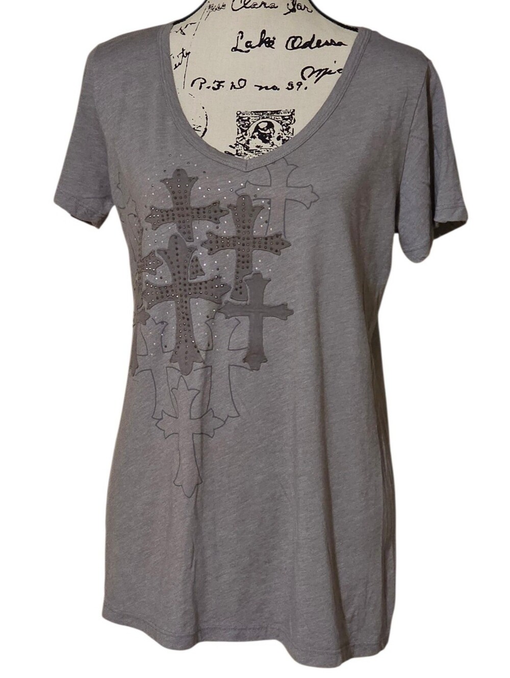 Daytrip Gray V-Neck Short Sleeve Tee with Cross Stud Accents